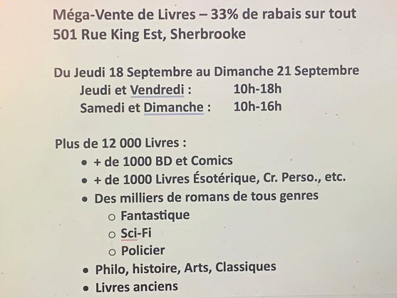 Méga-Vente de livres au 501 rue King Est (33% de rabais sur tout)
