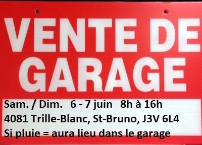 Vente de garage 6-7 juin - St-Bruno - Dans le garage en cas de pluie