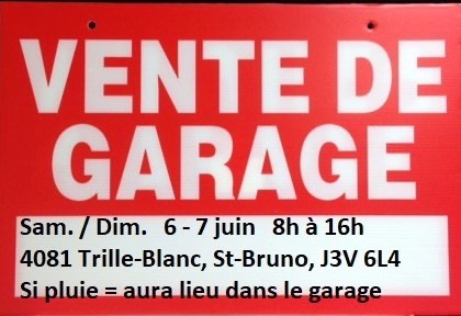 Vente de garage 6-7 juin - St-Bruno - Dans le garage en cas de pluie