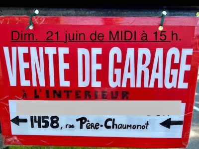 Vente de garage de MIDI à 15 h.