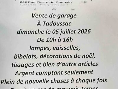 Vente de garage de déménagement - Le 05 juillet de 10h00 à 16h00