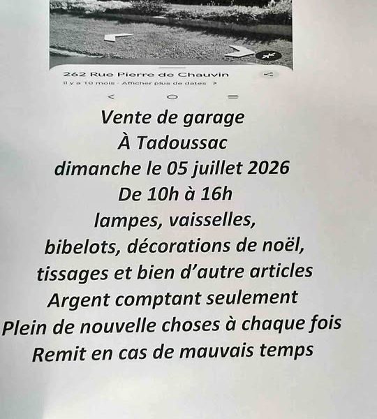 Vente de garage de déménagement - Le 05 juillet de 10h00 à 16h00