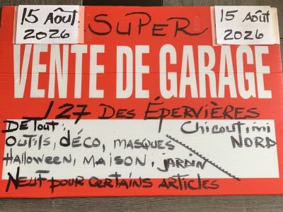 Vente de garage, samedi 15 août 2026. (9h à 16h) à Chicoutimi-Nord.(à l'abri si pluie)