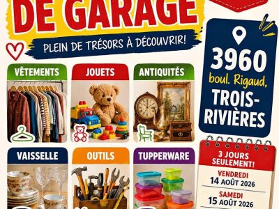 Vente de garage 14, 15 et 16 août à Trois-Rivières