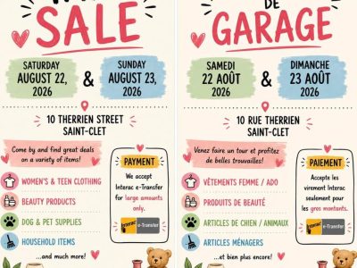 YARD SALE/VENTE DE GARAGE à Saint-Clet